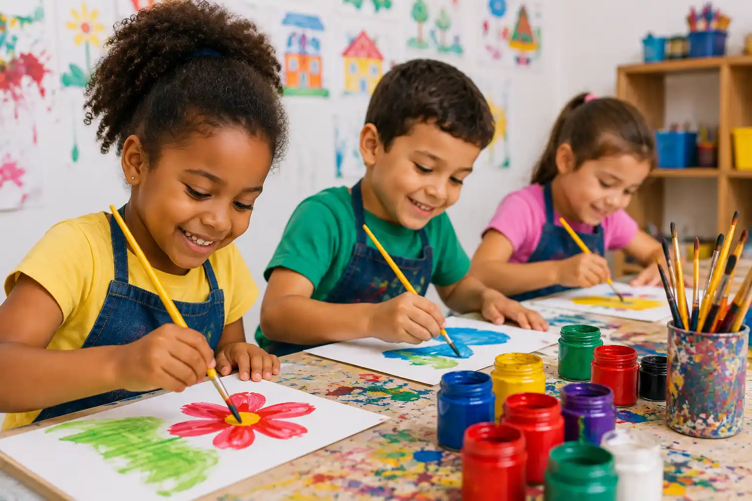 Ilustração de crianças participando de atividade de pintura